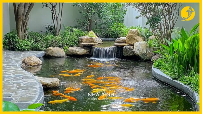 Hồ cá koi sân vườn thiết kế đẹp với không gian xanh